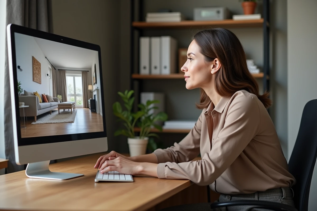 Femme consultant une visite virtuelle immobilière 360 degrés sur un ordinateur de bureau à domicile