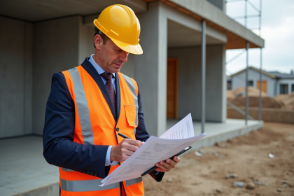 Inspecteur de construction en veston orange examine plans de maison