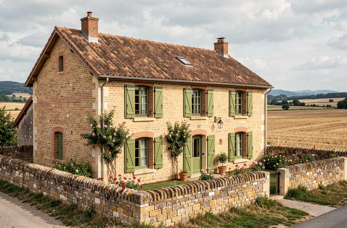 Maison régionale construite par la Coopérative Régionale du Bâtiment dans la Loire, façade brique et volets verts