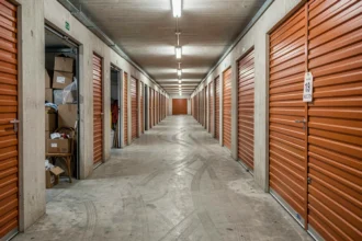 Couloir d'un garde-meuble en France avec des boxes abandonnés numérotés prêts pour une vente aux enchères
