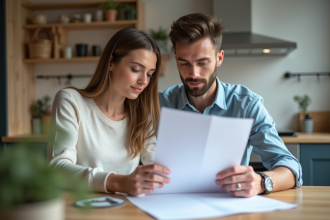 Jeune couple en cuisine examinant des documents immobiliers