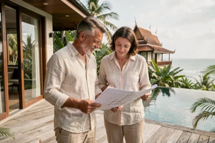 Couple examinant les plans d'une villa tropicale moderne à Phuket ou Koh Samui avec piscine à débordement et vue mer