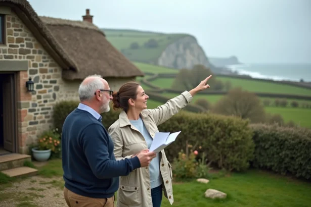 Couple d'acheteurs hésitants devant une petite maison normande en pierre avec vue mer au loin en Normandie