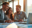 Jeune couple et agent immobilier discutant de prêt immobilier