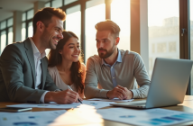 Jeune couple et agent immobilier discutant de prêt immobilier