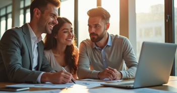 Jeune couple et agent immobilier discutant de prêt immobilier