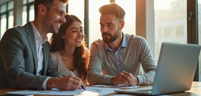 Jeune couple et agent immobilier discutant de prêt immobilier