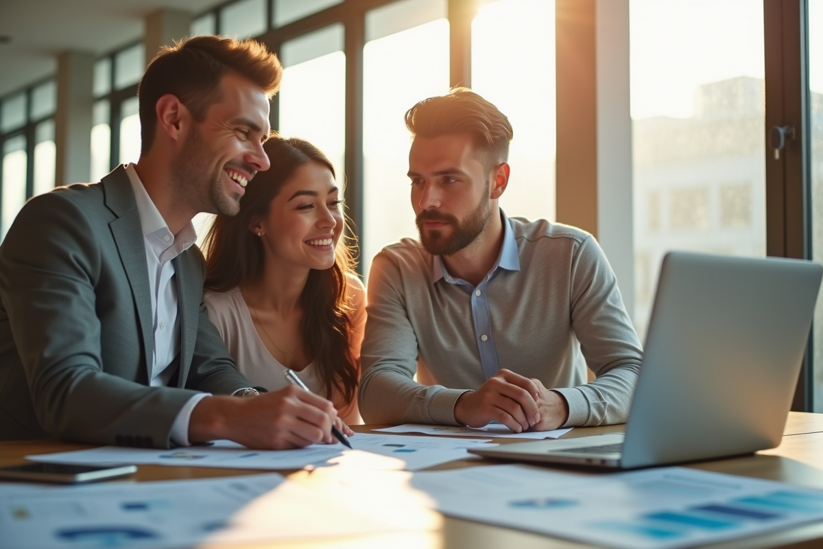 Jeune couple et agent immobilier discutant de prêt immobilier