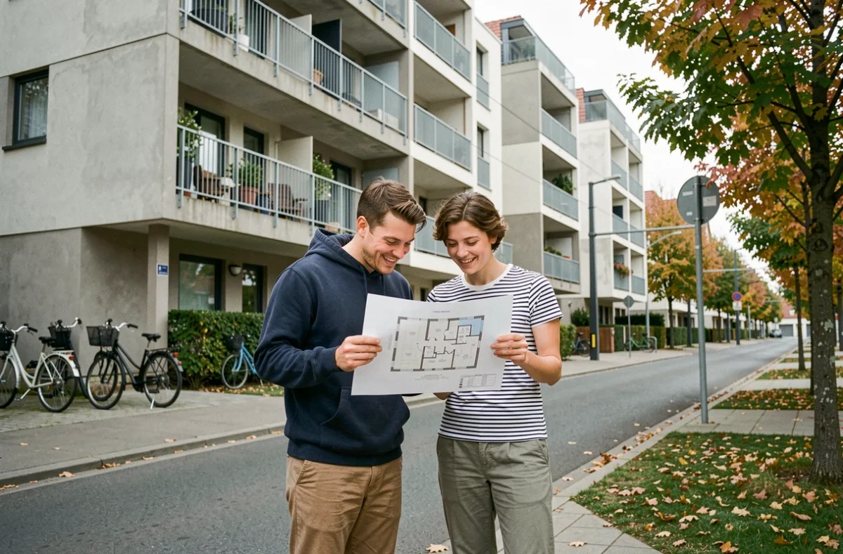 Couple étudiant un plan d'appartement devant un immeuble résidentiel dans une ville d'Île-de-France aux loyers accessibles