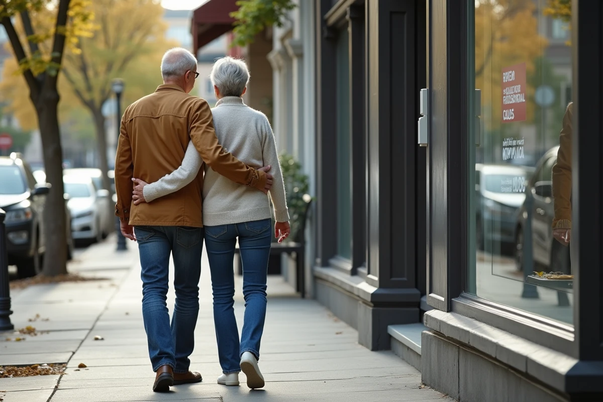 Couple marchant devant une vitrine immobilière en ville