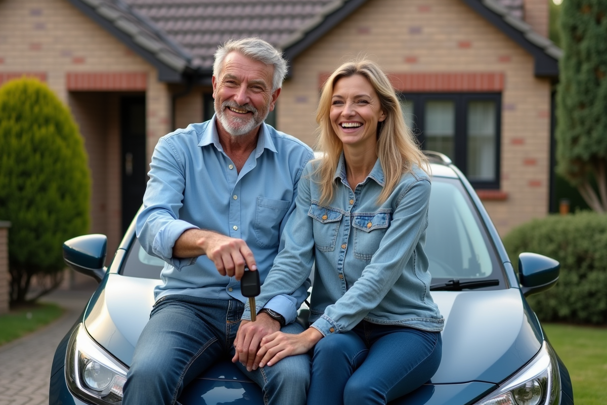 Couple souriant tenant une clé de voiture devant leur maison