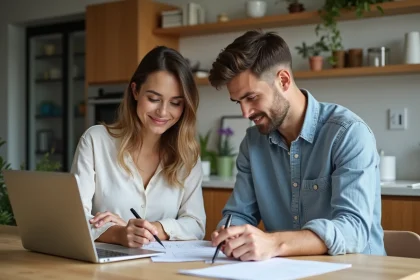 Couple discutant de papiers à la maison dans une cuisine moderne