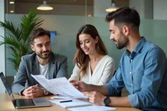 Couple en rendez-vous avec un conseiller de La Banque Postale pour un dossier de crédit immobilier et PTZ