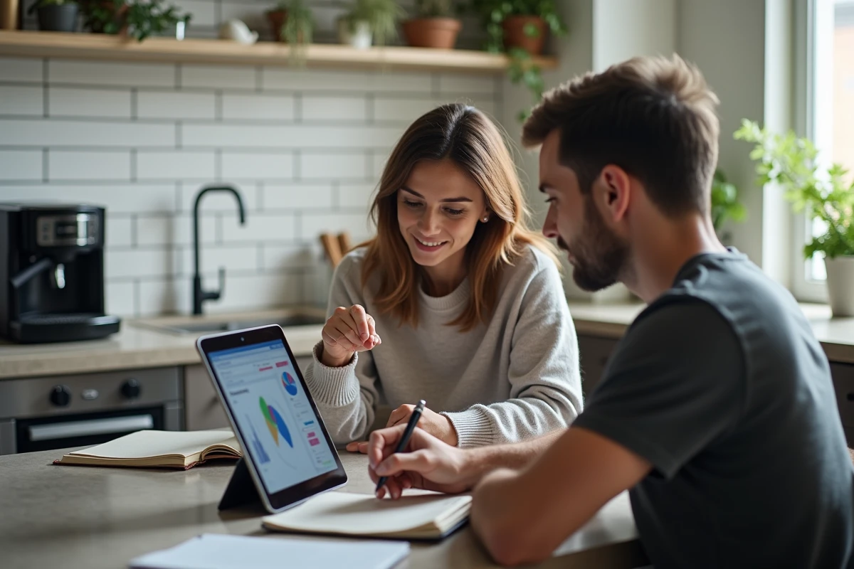 Couple consultant leur espace MyFoncia sur une tablette pour centraliser la gestion de leur location