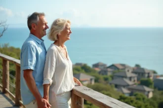 Couple souriant debout sur un deck en bord de mer