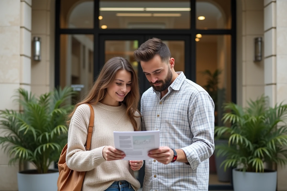 Jeune couple consultant une brochure devant un office de logement social en ville