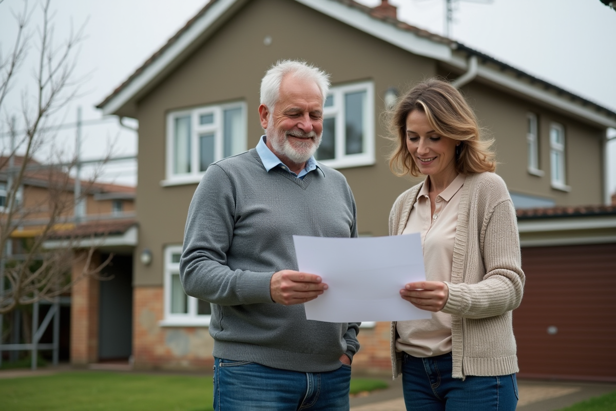 Couple discutant devant leur maison en rénovation