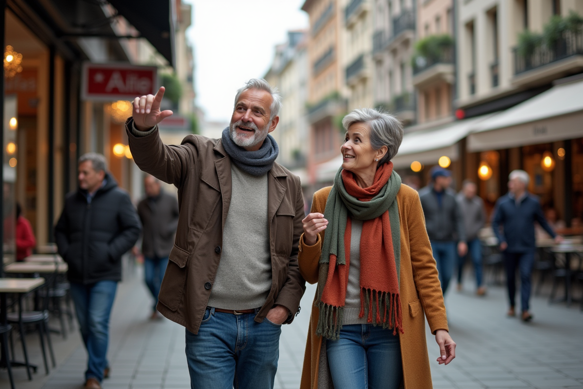 Couple discutant devant un immeuble en ville