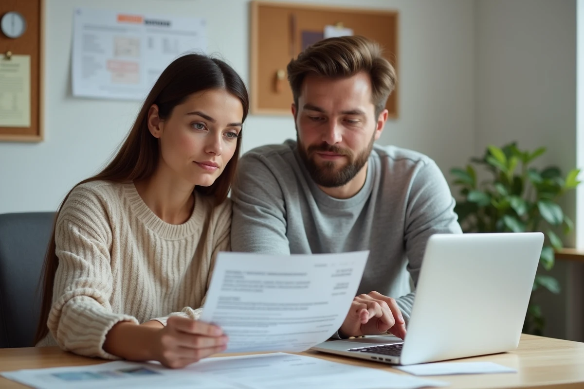 Couple préparant un dossier de location sans CDI avec relevés bancaires et lettre de garant