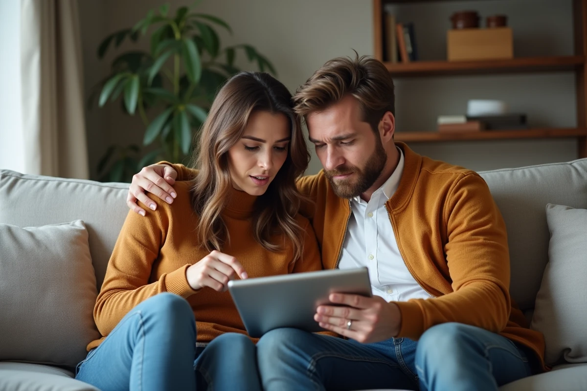 Couple consultant leur dossier de candidature locative sur une tablette pour identifier les erreurs de refus
