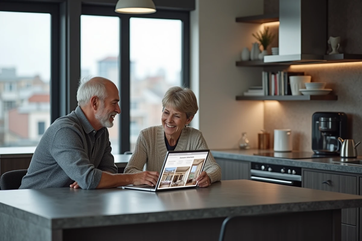 Couple consultant une estimation immobilière en ligne pour leur appartement de luxe sur ordinateur portable