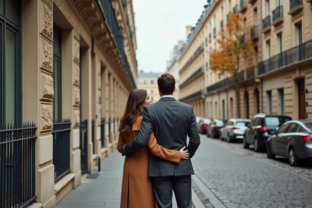Couple d'investisseurs immobiliers devant un immeuble haussmannien dans le 6e arrondissement de Lyon
