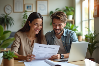 Jeune couple souriant à un bureau moderne ensoleille