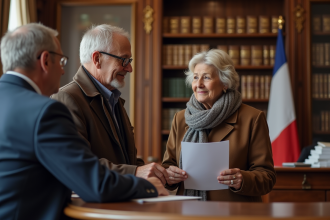 Couple français discutant avec un agent municipal à la mairie