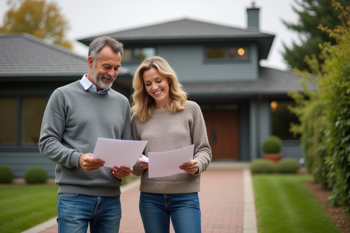 Couple discutant devant une maison moderne dans un cadre suburbain