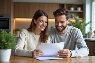 Jeune couple discutant de prêt immobilier dans une cuisine lumineuse