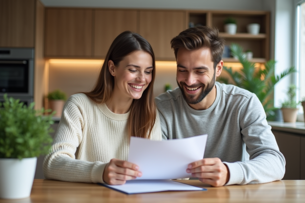 Jeune couple discutant de prêt immobilier dans une cuisine lumineuse