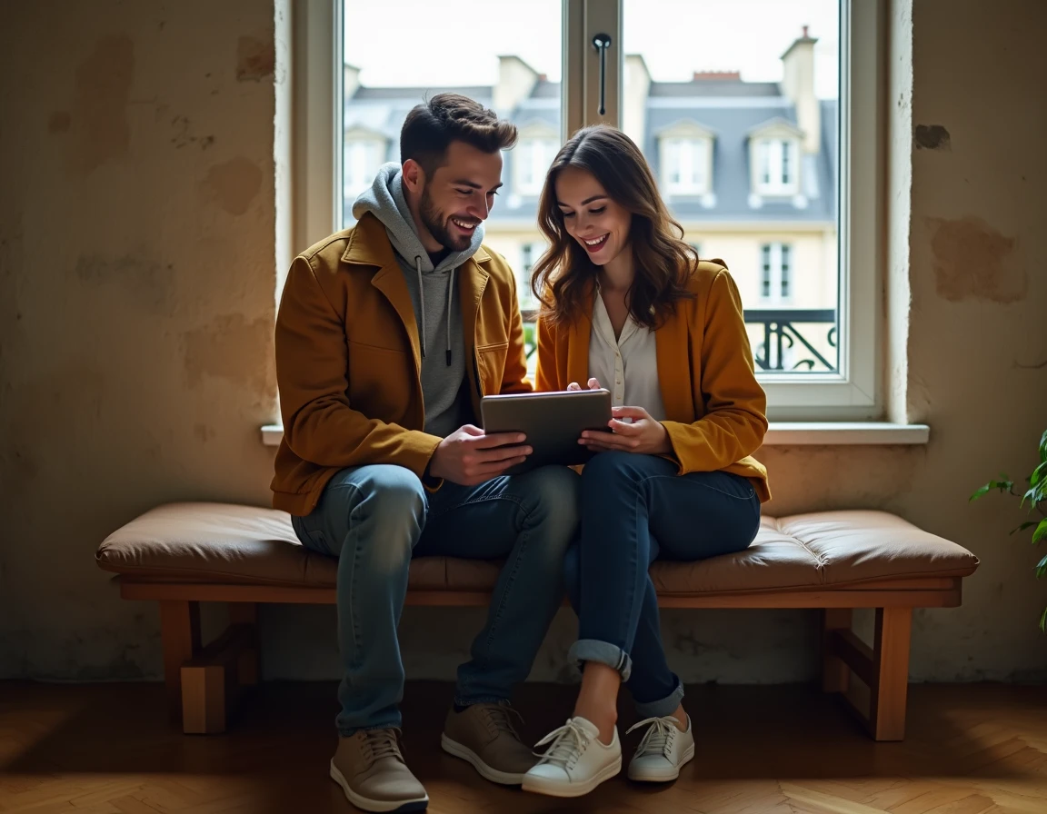 Couple parisien recherchant des offres de location immobilière ensemble sur tablette dans un appartement