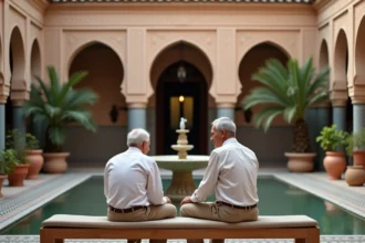 Couple de retraités européens visitant un riad traditionnel à Marrakech avec cour en zellige et fontaine centrale