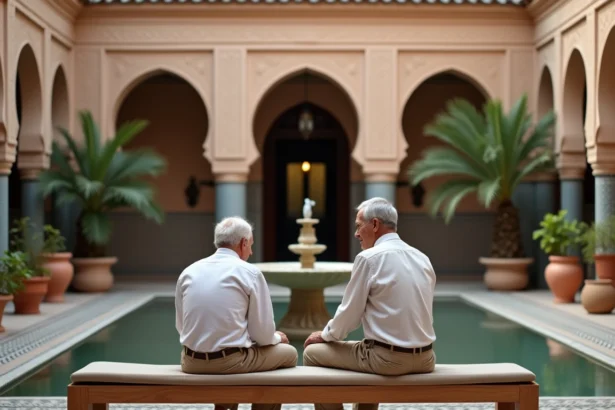 Couple de retraités européens visitant un riad traditionnel à Marrakech avec cour en zellige et fontaine centrale