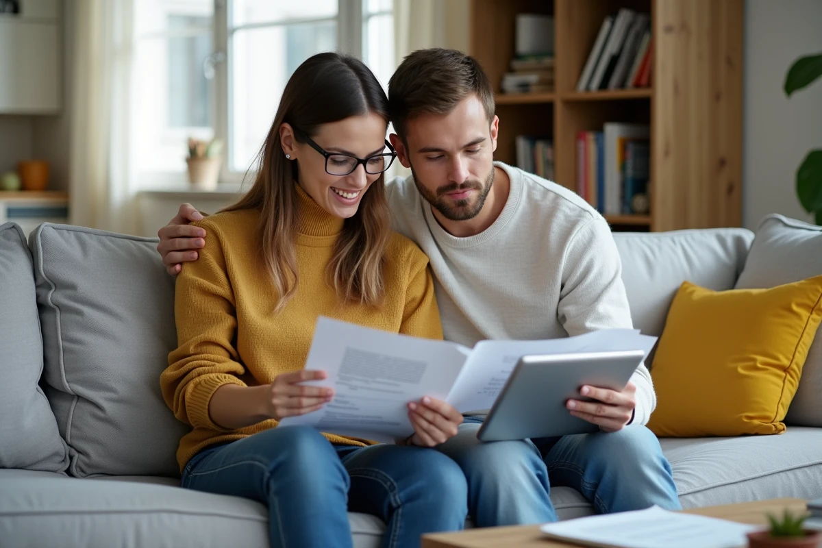 Couple révisant ensemble des documents immobiliers sur tablette et papier dans leur salon