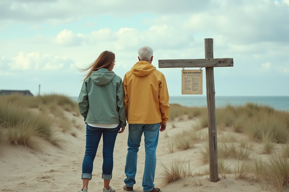Couple lisant les restrictions légales sur un panneau de terrain à vendre en zone littorale