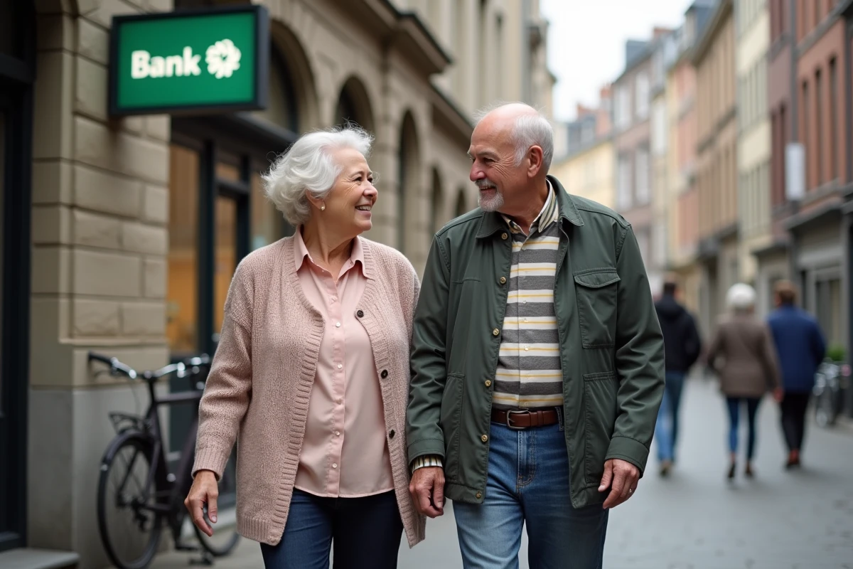 Couple senior marche devant une banque belge en ville