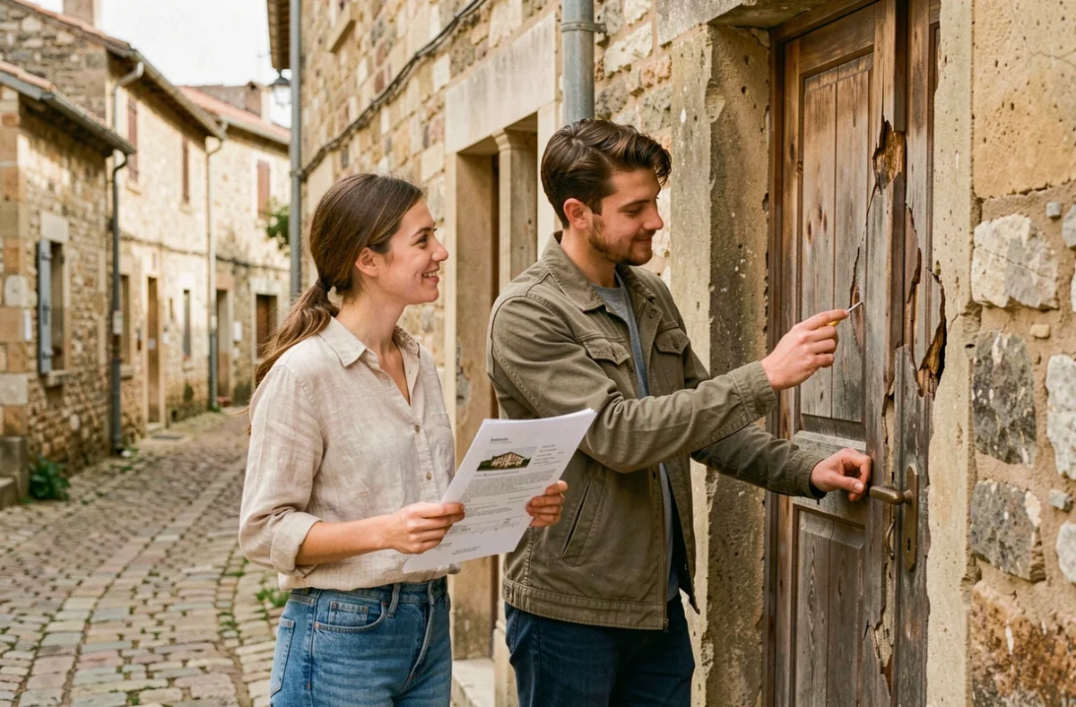 Couple visitant une maison abandonnée à donner dans un petit village de PACA, tenant des documents immobiliers devant une porte en bois vétuste