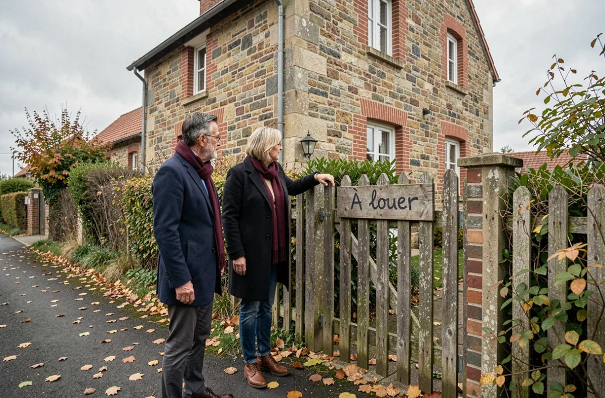 Couple inspectant une annonce de location affichée directement sur le portail d'une maison normande en Seine-Maritime