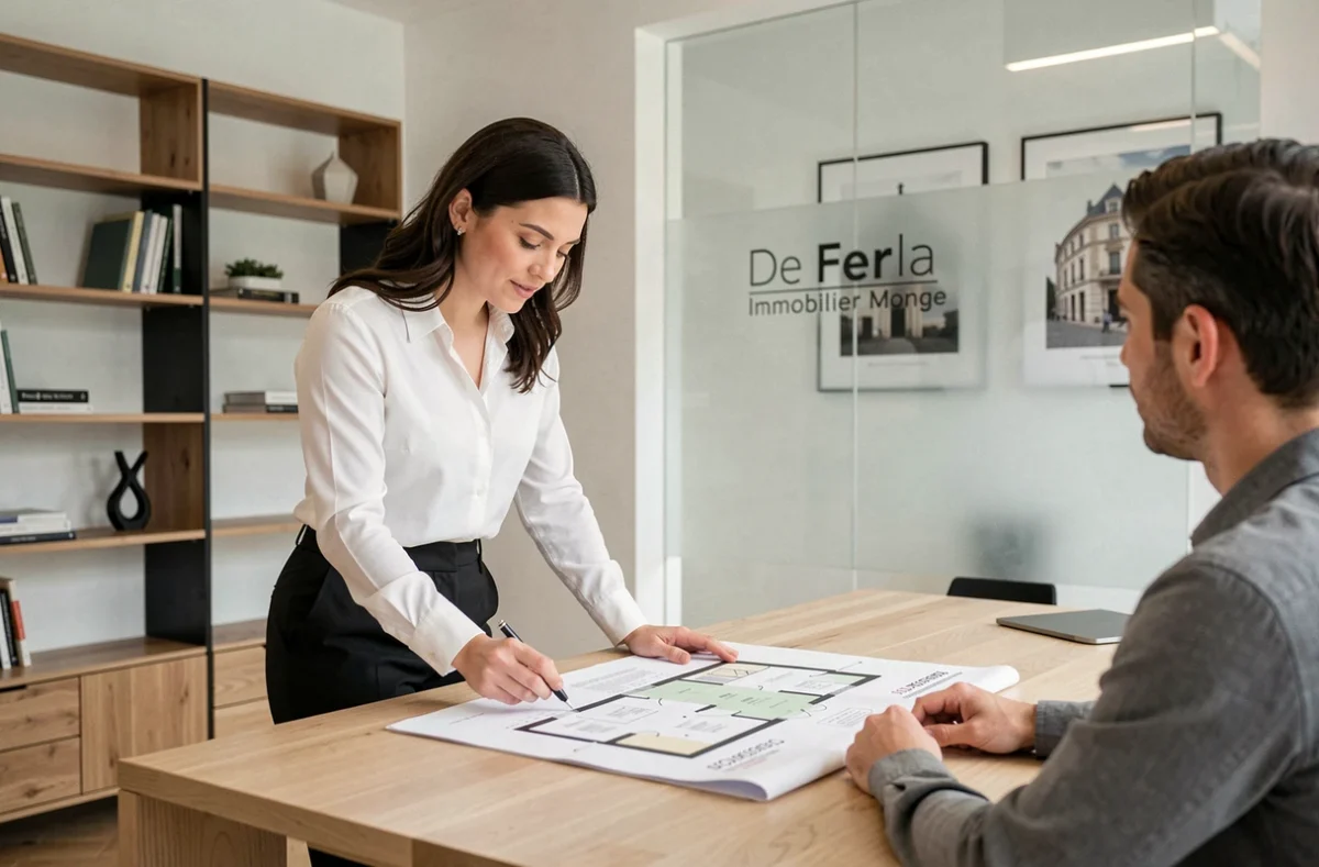 Conseillère de De Ferla Immobilier Monge présentant un plan de propriété à un client dans un bureau moderne parisien