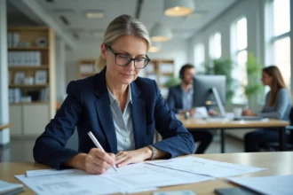 Femme consultant des documents de demande de logement dans un bureau administratif moderne