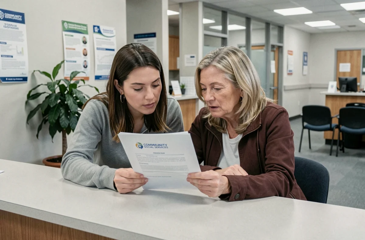 Deux femmes consultant un dossier de demande de logement social dans une agence administrative