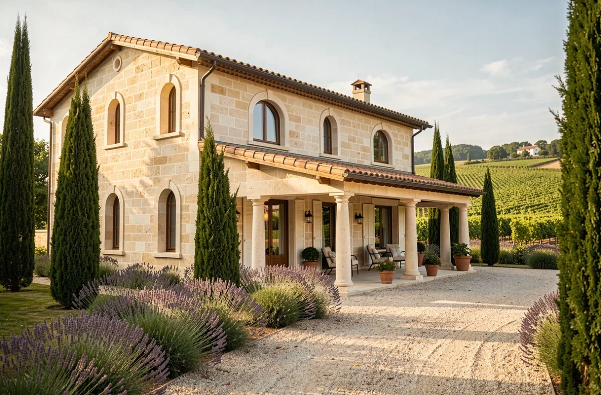 Maison de style caladois construite par Demeures Caladoises dans la Loire avec façade calcaire et terrasse couverte