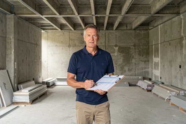 Inspecteur immobilier réalisant un diagnostic dans un local commercial en cours de rénovation