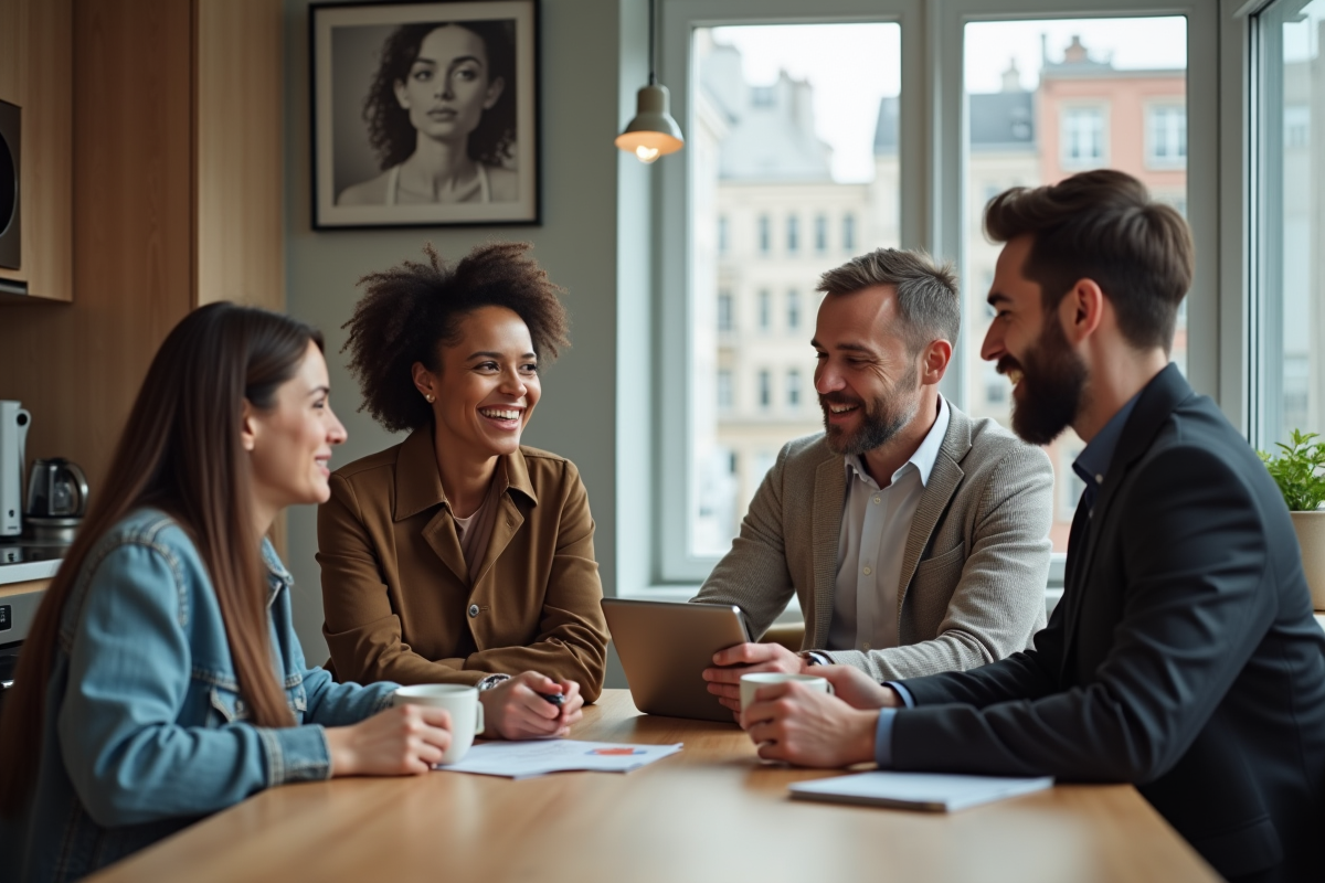Groupe de trois personnes discutant autour d