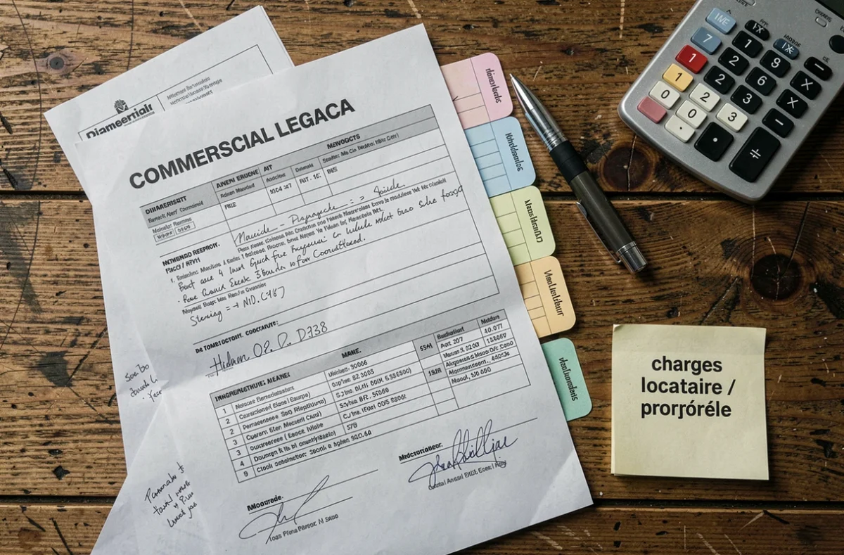 Documents de diagnostic immobilier et contrat de bail commercial annotés posés sur un bureau en bois