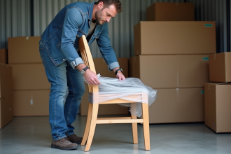 Homme emballant une chaise en bois vintage dans un espace de stockage