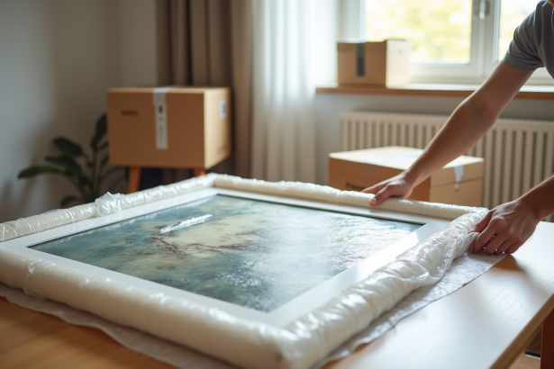 Personne emballant une grande peinture dans un salon lumineux