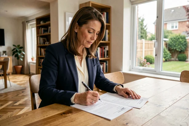 Femme professionnelle évaluant des documents d'estimation immobilière dans un salon moderne avec parquet et grande fenêtre