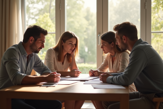 Famille moderne discutant autour d une table ensoleillée